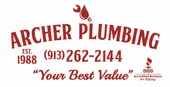 Archer Plumbing logo with wrench and drop icon, phone number, and BBB accreditation. Red lettering on white.